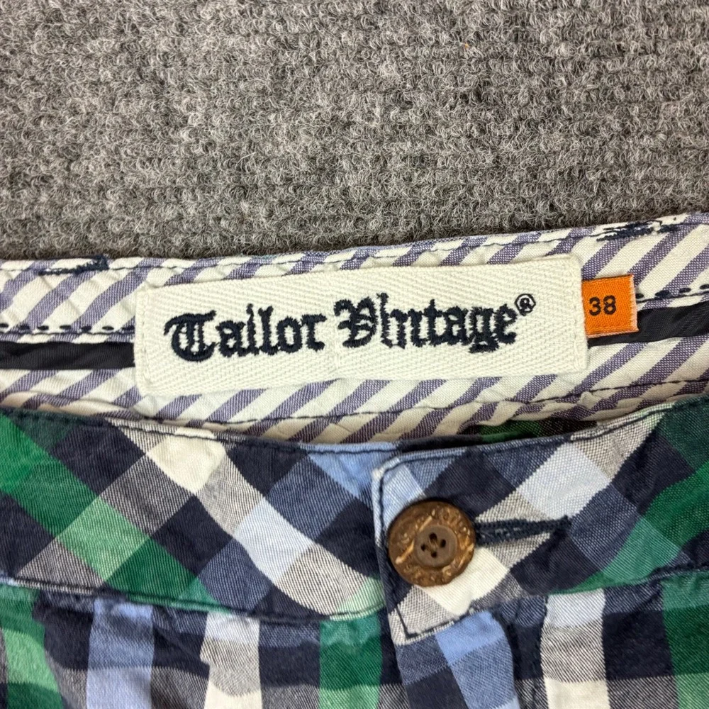 Tailor Vintage Mens W38 Gingham Plaid Shorts Green Blue Cotton Flat Front